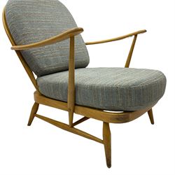Ercol - 1960s '203' beech easy armchair, with upholstered loose cushions in striped fabric 