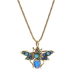 Gold opal insect brooch/pendant, on gold link necklace, both hallmarked 9ct