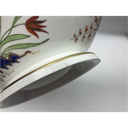 19th century Royal Crown Derby in cherry tree pattern, twin handled sauce dish and saucer and twin handled dish, together with three Royal Crown Derby plates, including one signed WEJ Dean