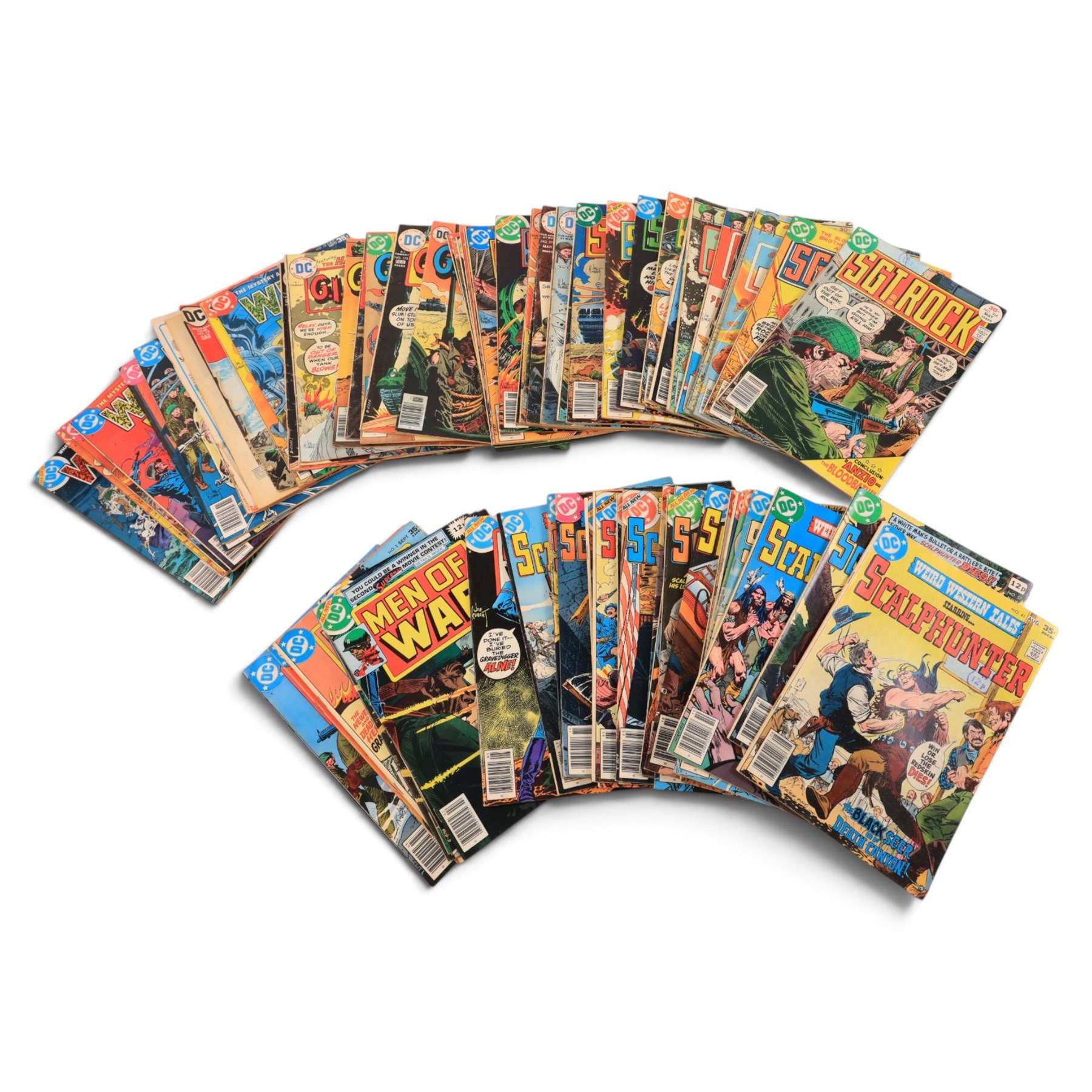 Collection of Bronze Age and later DC war and similar comic books, titles including Weird War, Scalphunter, GI Combat, The Unknown Soldier, Men of War, Sgt Rock , Losers, etc etc