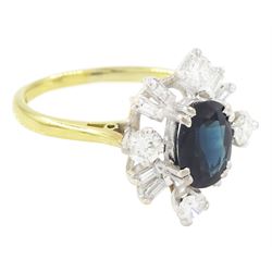 18ct gold sapphire and diamond cluster ring, single oval cut sapphire of approx 1.65 carat, surrounded by four round brilliant cut diamonds and eight baguette cut diamonds, London 1975, total diamond weight approx 0.60 carat
