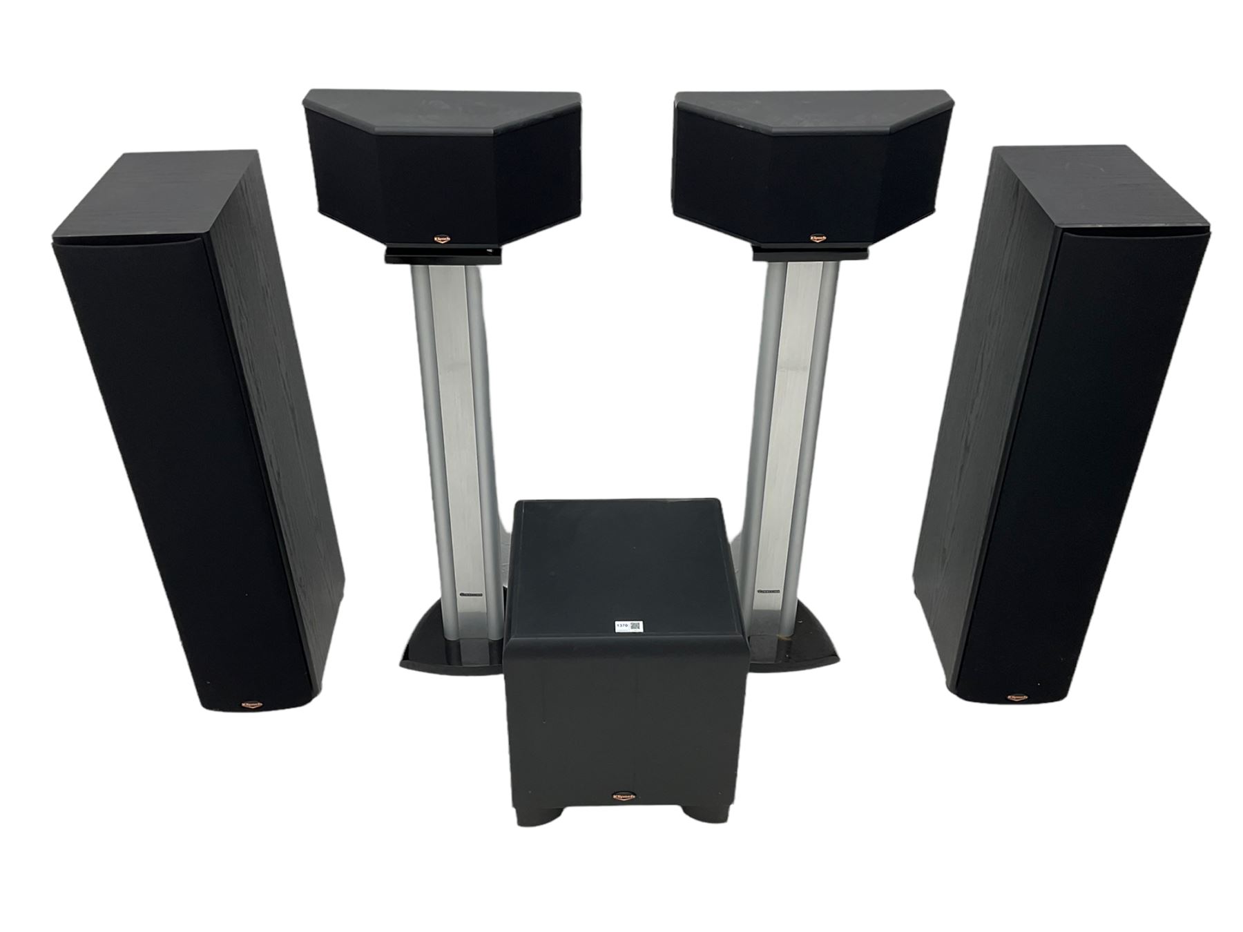 Klipsch surround sound speaker system, including two three way floor standing SF2BLK speakers, two SS1 speakers on stands, a KSW10 sub woofer, Pioneer amplifier and DVD/CD player
