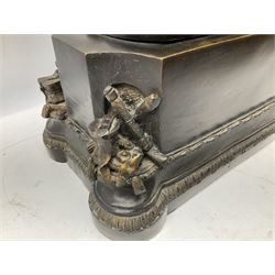 Large and impressive bronze figure of Wellington seated on a horse, on a sarcophogus shaped stepped base impressed 'Meunier Paris', the canted corners inset with battle trophies H68cm L50cm D22cm