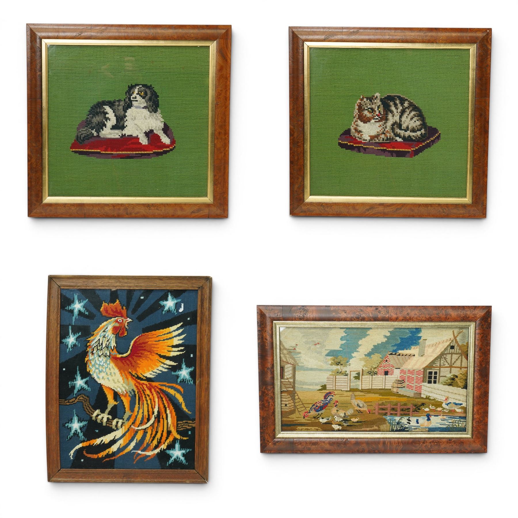  Pair of Victorian needlework pictures of cat and dog 40cm x 41cm and two other needlework pictures (4)