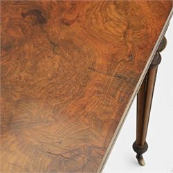 Victorian walnut card table, hinged rectangular moulded top with rounded corners and figured veneers, revealing a green baized lined interior, plain frieze with beaded lower edge, raised on ring turned tapering supports terminating in ceramic castors