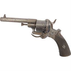 19th century pinfire six-shot revolver, rear loading with folding trigger and wooden grip, H10cm, L20cm