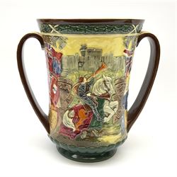 A Royal Doulton Charles Noke and Harry Fenton limited edition Coronation Loving Cup for Edward VIII, 1937, relief moulded with St George to one side and King Edward to the other, with printed marks beneath and numbered 667 of 2000, H26cm. 
