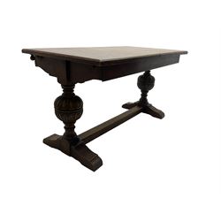 19th century oak extending dining table, rectangular top raised on gadroon carved baluster end supports united by stretcher, on sledge feet