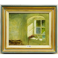 Michael Felmingham (British 1935-): 'Stable Window', oil on board signed, titled verso 29cm x 36cm
Provenance: purchased by the vendor from the Richard Hagen Gallery Broadway, label verso

