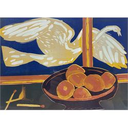 Michael Kirkman (British 1986-): 'Fruit and Flame', linocut signed titled and numbered 17/20 in pencil 30cm x 38cm
