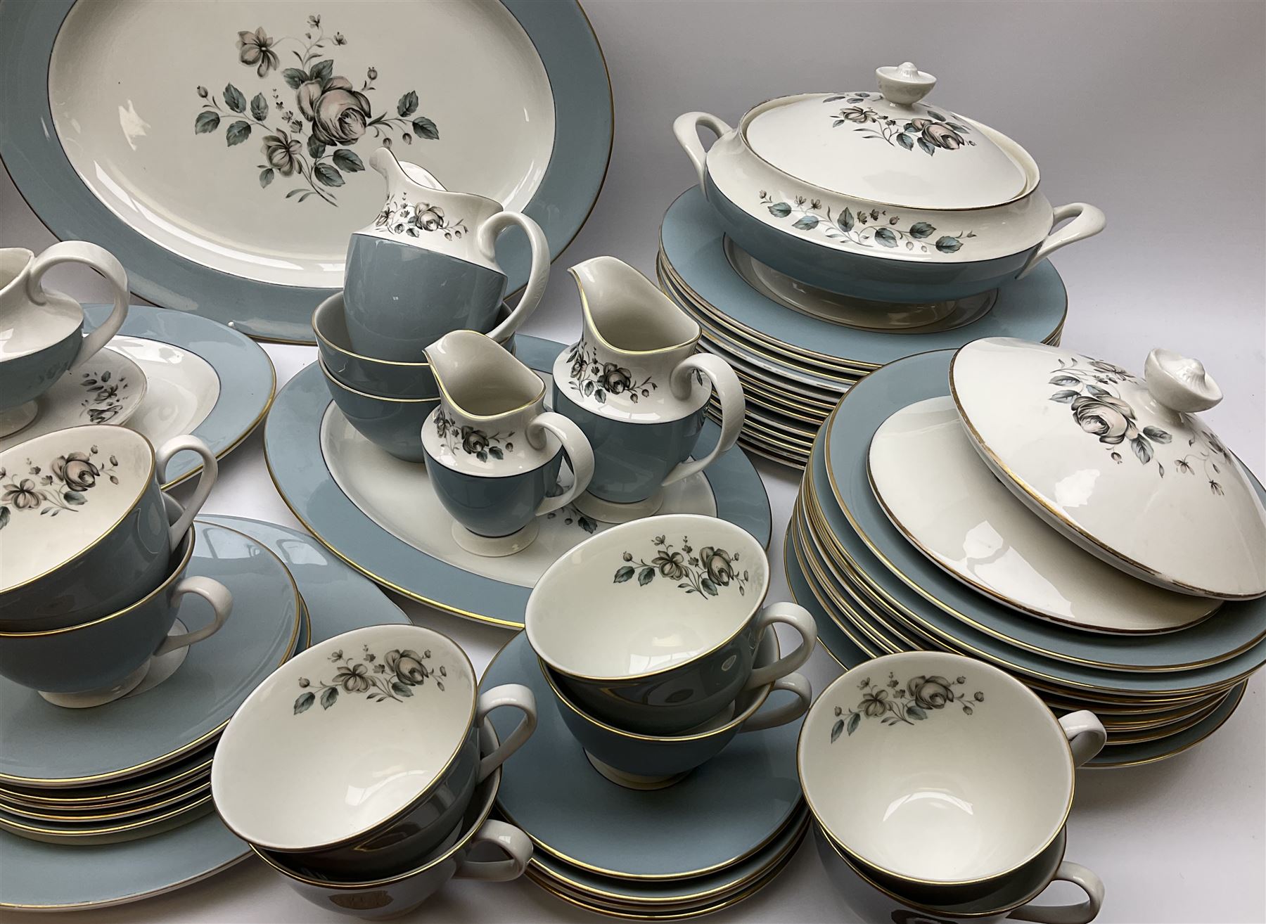 Royal Doulton Rose Elegans pattern tea and dinner wares, to include teapot, fourteen cups and saucers, two milk jug, cream jug, two sucriers, two covered serving dishes, serving platter, etc (98+)