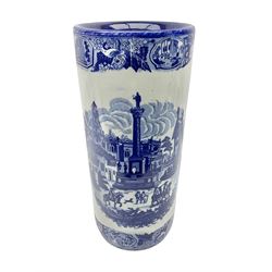 Blue and white umbrella stand, decorated with transfer print decorated with city scape, H43cm