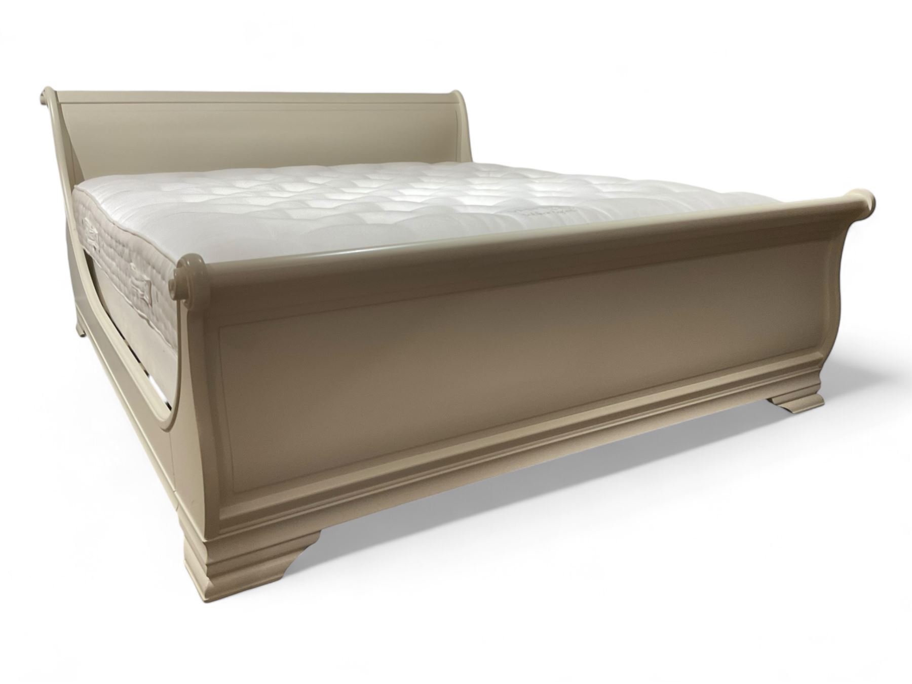Cream finish Super Kingsize sleigh bed; together with Vispring 'Sublime Superb' mattress complete with divan base