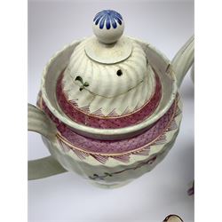 Two19th century relief moulded Castleford teapots, and lidded sucrier, largest teapot H14.5cm, together with three 18th century New Hall type teapots, an early 18th century saucer, and an 18th century blue and white bowl.