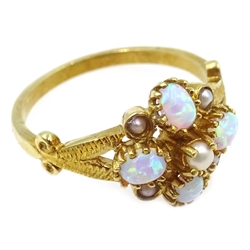  Silver-gilt opal and pearl ring, stamped SIL  