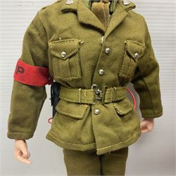 Palitoy Action Man Action Soldier No.34014 with tunic, belt, trousers, boots, blue beret and sten gun; in original box; and Palitoy Action Man Royal Military Policeman (RMP) gripping hands figure, marked 'Made in England by Palitoy under licence from Hasbro © 1964' to rear of torso; with tunic, shirt, trousers, tie, boots, belt, truncheon, pistol in holster, MP armband, red cap, Sterling machine gun and other clothing etc; in anrelated display box (2)