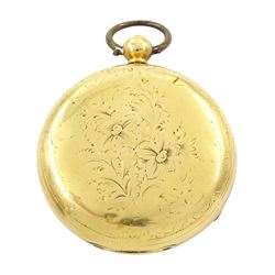 Victorian 18ct gold open face, fusee lever pocket watch, No. 12899, gilt dial with Roman numeral hour markers, engraved balance cock with diamond endstone, case with engraved foliate decoration, makers mark HS (probably Henry Stuart), Chester 1854