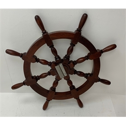 Ship's brass bound mahogany wheel with eight turned spindles and central boss D94cm