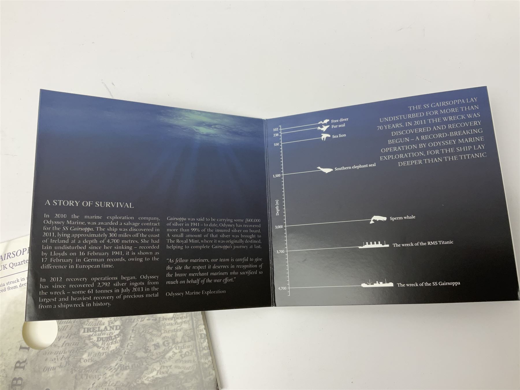 The Royal Mint United Kingdom 2014 'SS Gairsoppa Britannia' fine silver quarter ounce coin in card folder and 2015 'Britannia' fine silver fifty pound coin on card