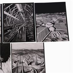 Fourteen black and white photographs of artwork by Ralph Andrew Smith, including images used in 'The Exploration of Space', a sketch of auto probe rocket for planetary survey and Inside Lunar City, etc, two with annotations written by Arthur C Clarke verso, H20, W25cm

Notes: This item is from the private collection of Arthur C. Clarke's brother.