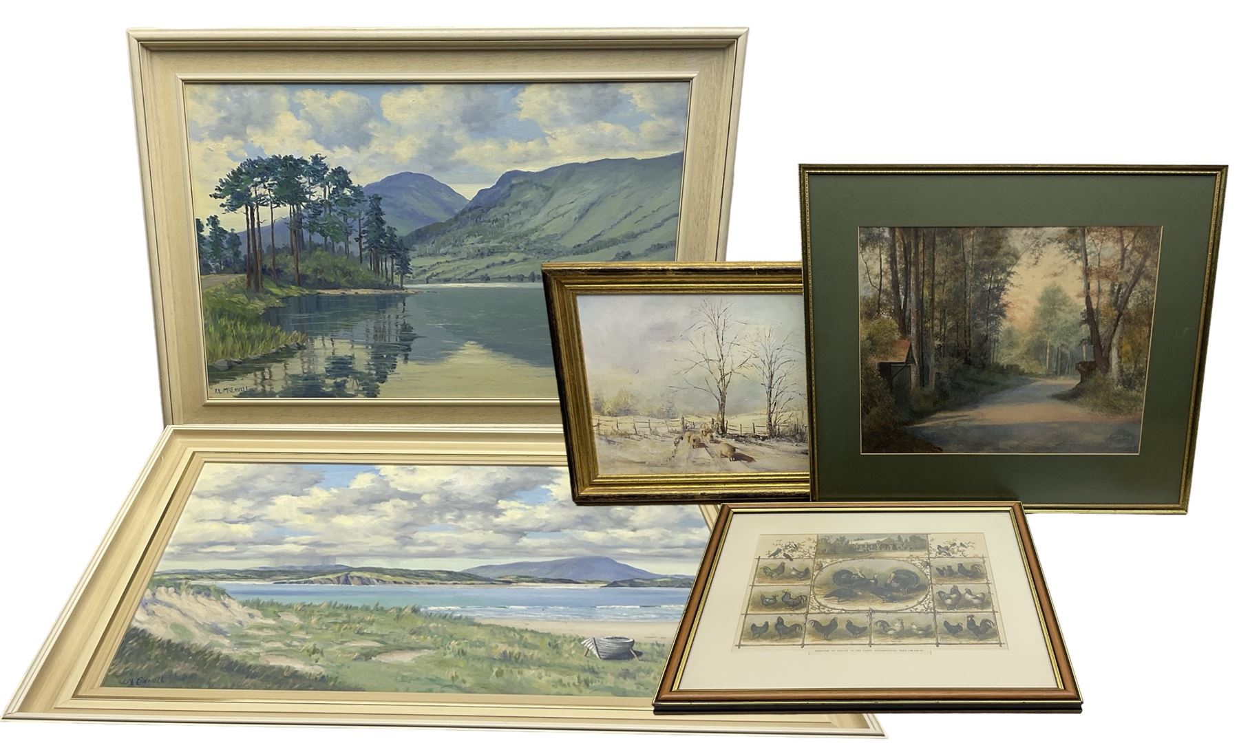 F L McConnell (Irish 20th Century): Expansive Landscapes, pair oils on canvas signed 49cm x 74cm; together with an J K Whitton oil, James Rolfe watercolour and an engraving (5)