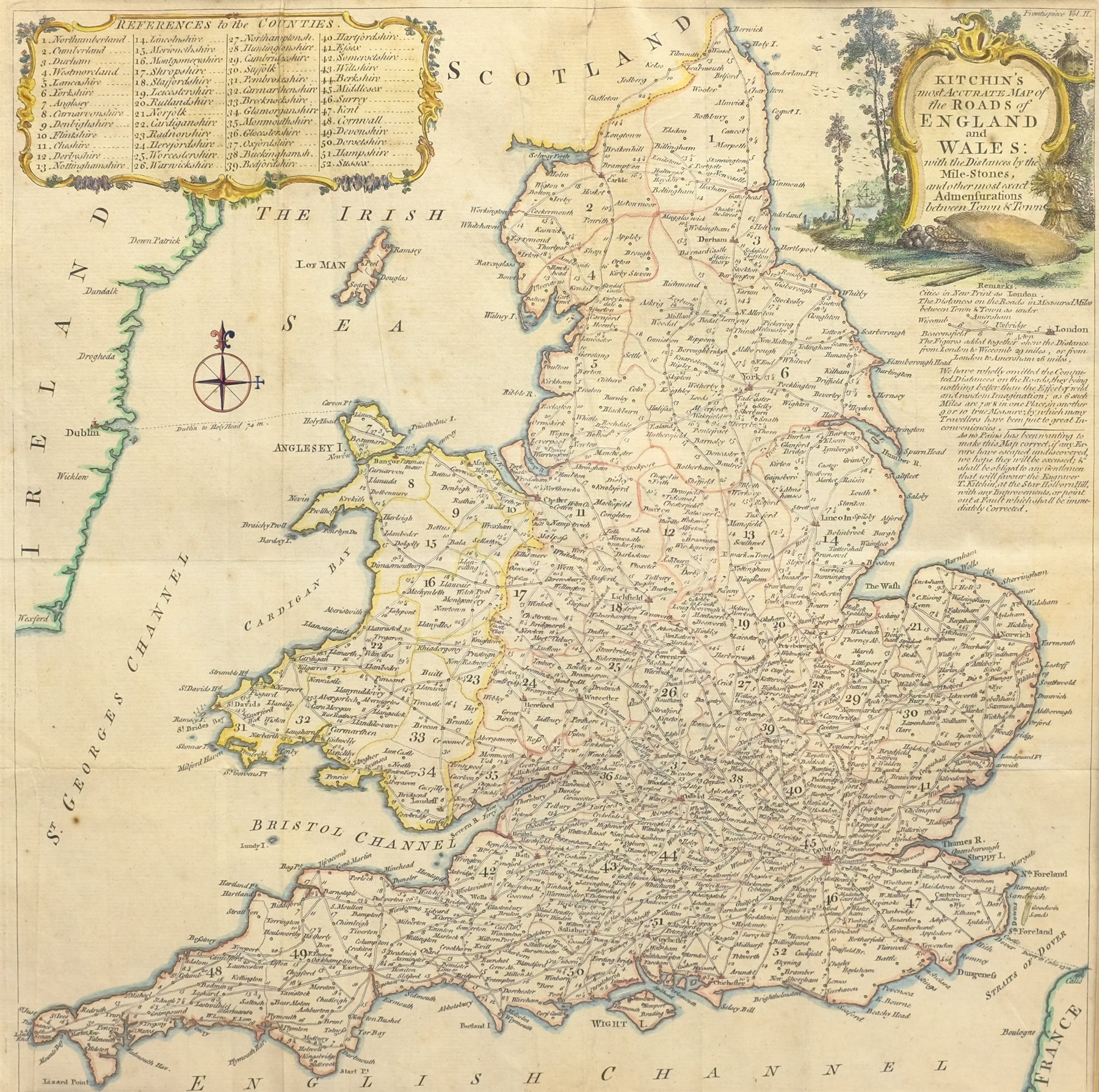 Thomas Kitchin (British 1719-1784): 'Most Accurate Map of the Roads of England and Wales with the Distances by the Mile Stones and other most exact admensurations between Town and Town', printed for R & I Dodsley, Pall Mall circa 1770, hand coloured 35cm x 35cm