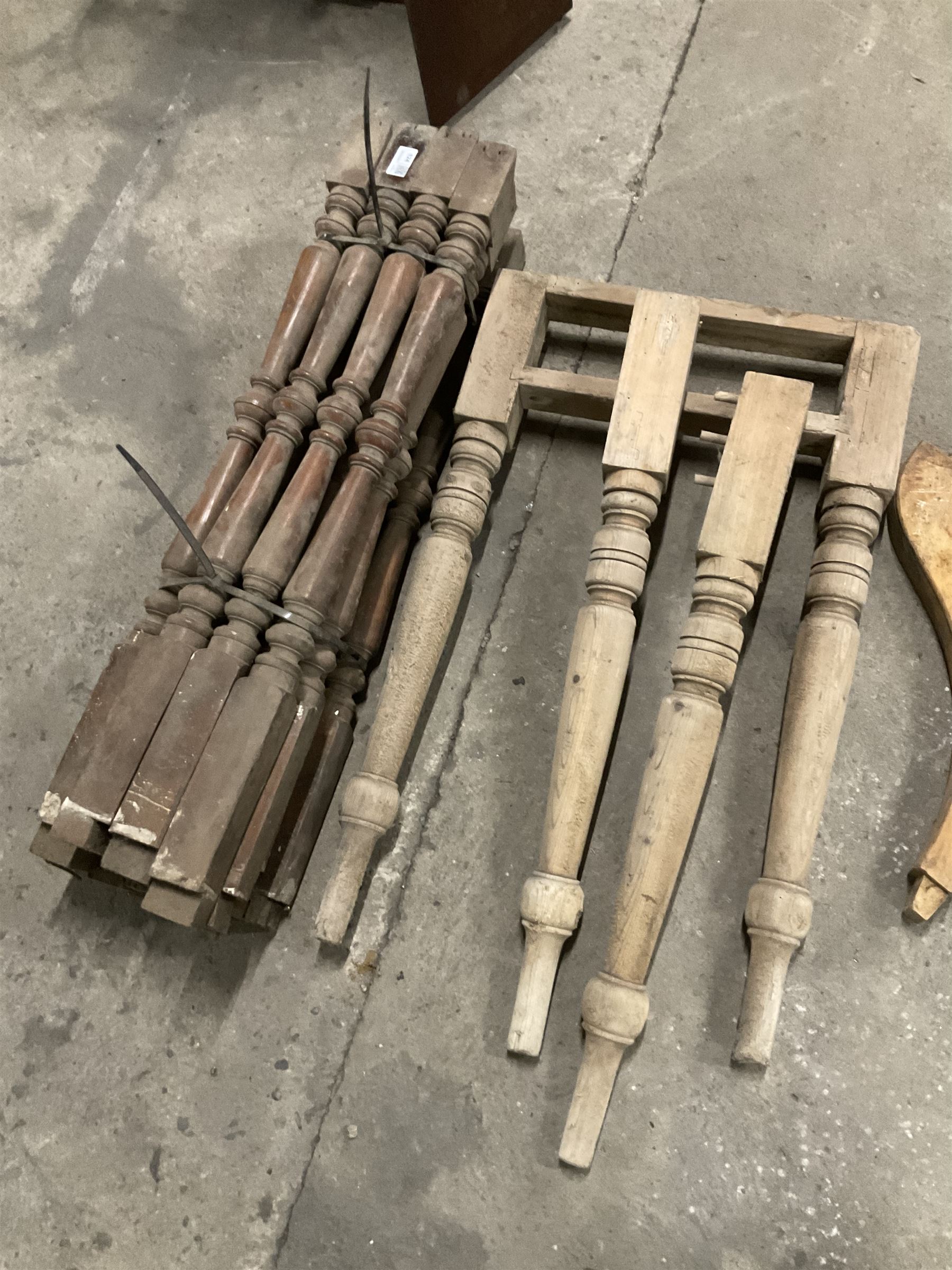 Set of four turned mahogany supports with brass cups and castors (H51cm); collection of splayed supports and turned supports; pine table and and two supports; and fifteen turned pine staircase spindles (H84cm) - THIS LOT IS TO BE COLLECTED BY APPOINTMENT FROM THE OLD BUFFER DEPOT, MELBOURNE PLACE, SOWERBY, THIRSK, YO7 1QY