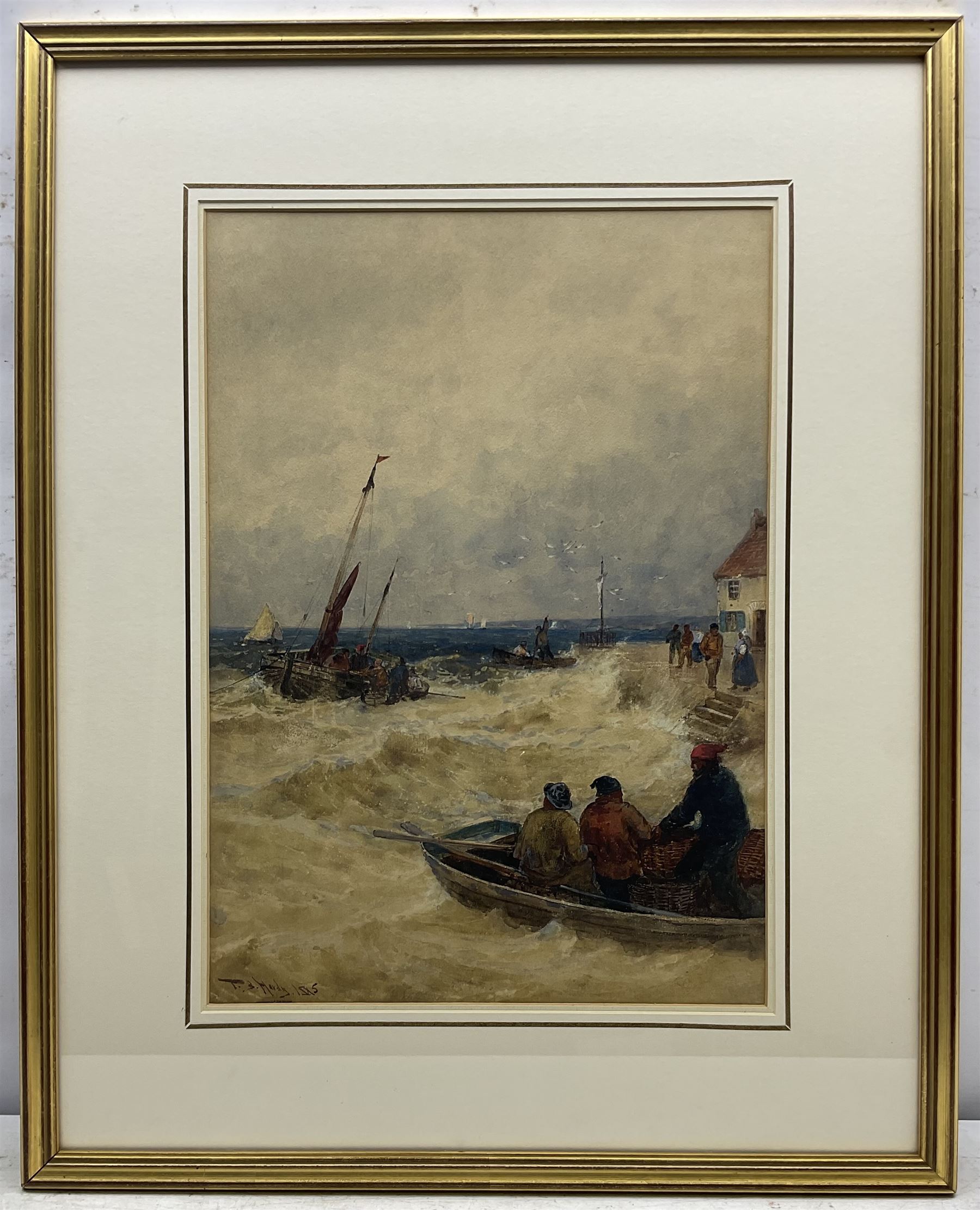 Thomas Bush Hardy (British 1842-1897): Fishing Boats leaving Harbour in Choppy Seas, watercolour signed and dated 1885, 50cm x 35cm