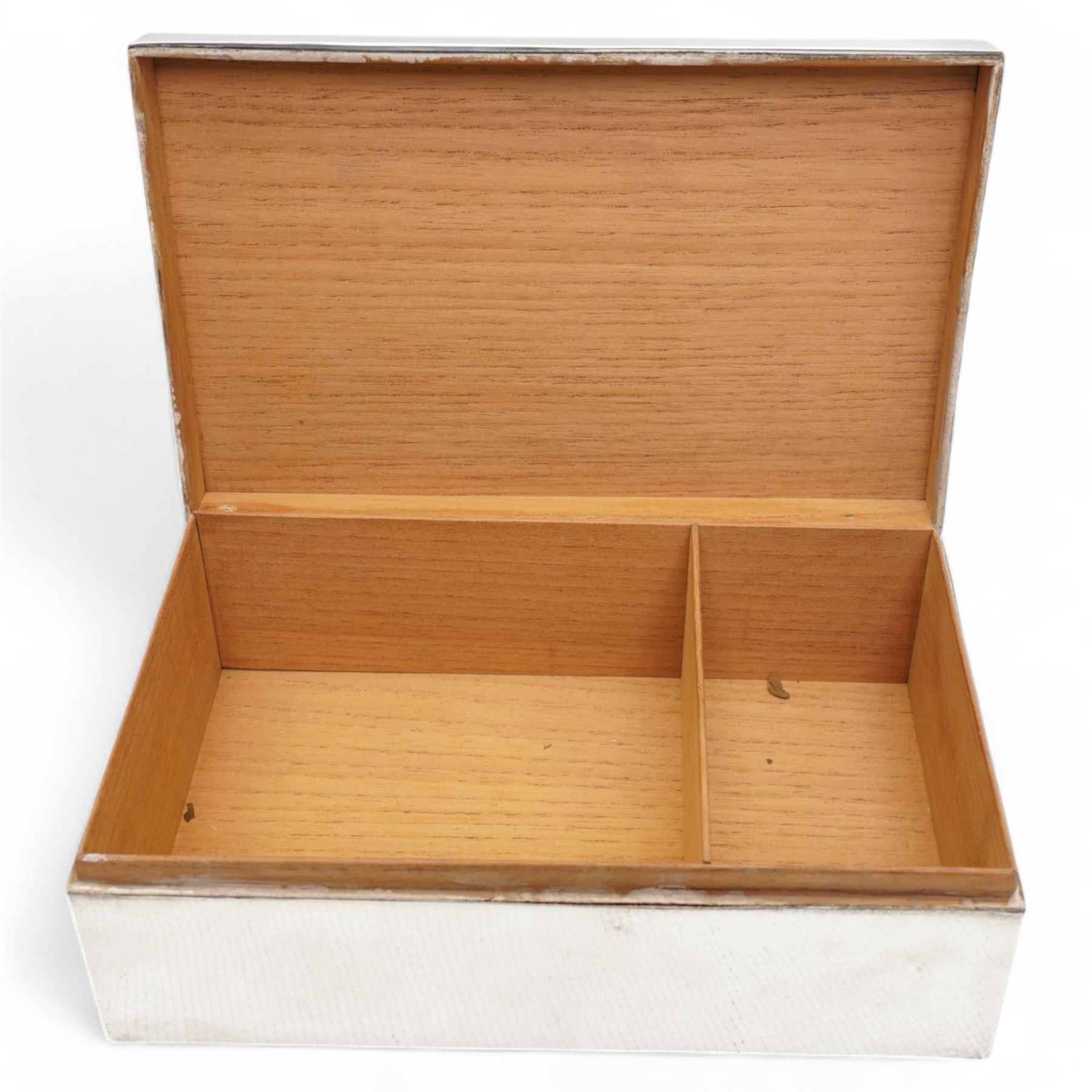 Large rectangular silver cigar box with engine turned hinged cover, vacant cartouche and divided interior 26cm x 16cm marks rubbed, Birmingham assay, Makers Sanders & Mackenzie