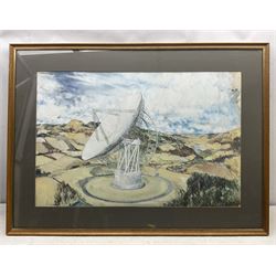 Harold Wharfe (British 20th Century): Jodrell Bank Observatory, cubist style watercolour and gouache signed 60cm x 90cm 