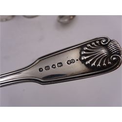 Group of silver, to include a George III Old English pattern dessert spoon, with monogrammed initials, hallmarked London 1788, maker's mark RC probably 	Richard Crossley, together with a Victorian Fiddle pattern dessert spoon, with monogrammed palmette finial and reed border, hallmarked Chawner & Co, London 1850, and three napkin rings, all hallmarked 