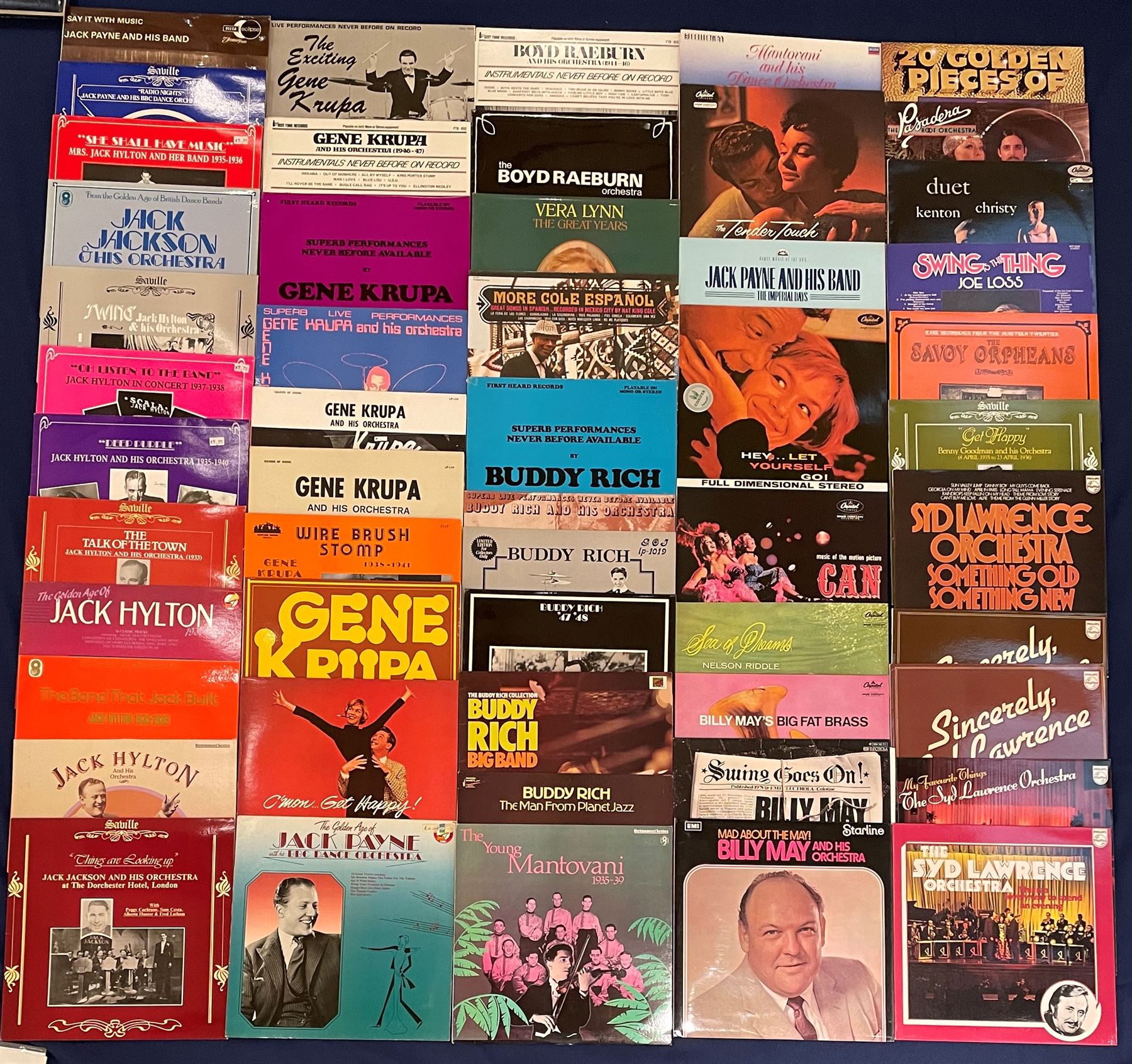 Mostly Jazz vinyl records including 'Caribbean Ros Edmundo Ros and his Orchestra', 'Teddy Wilson And His All-Stars', 'The Real Fats Waller', 'Swing High Tommy Dorsey', 'The Latin World Of Edmundo Ros Vol.1', 'Command Performance More Music In The Glenn Miller Style Syd Lawrence Orchestra' etc, approximately 140