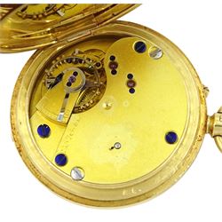 Edwardian 18ct gold half hunter keyless lever fob watch, No. 257641, white enamel dial with Roman numerals, back case monogrammed, case by 	Rotherham & Sons, Birmingham 1906