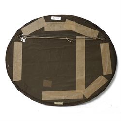 Liberty & Co, Arts and Crafts hammered copper framed oval wall mirror, mounted by four turquoise Ruskin cabochon roundels, with ivorine maker's label verso