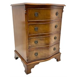 Small Georgian design mahogany serpentine chest, moulded top over four cock-beaded drawers, on bracket feet