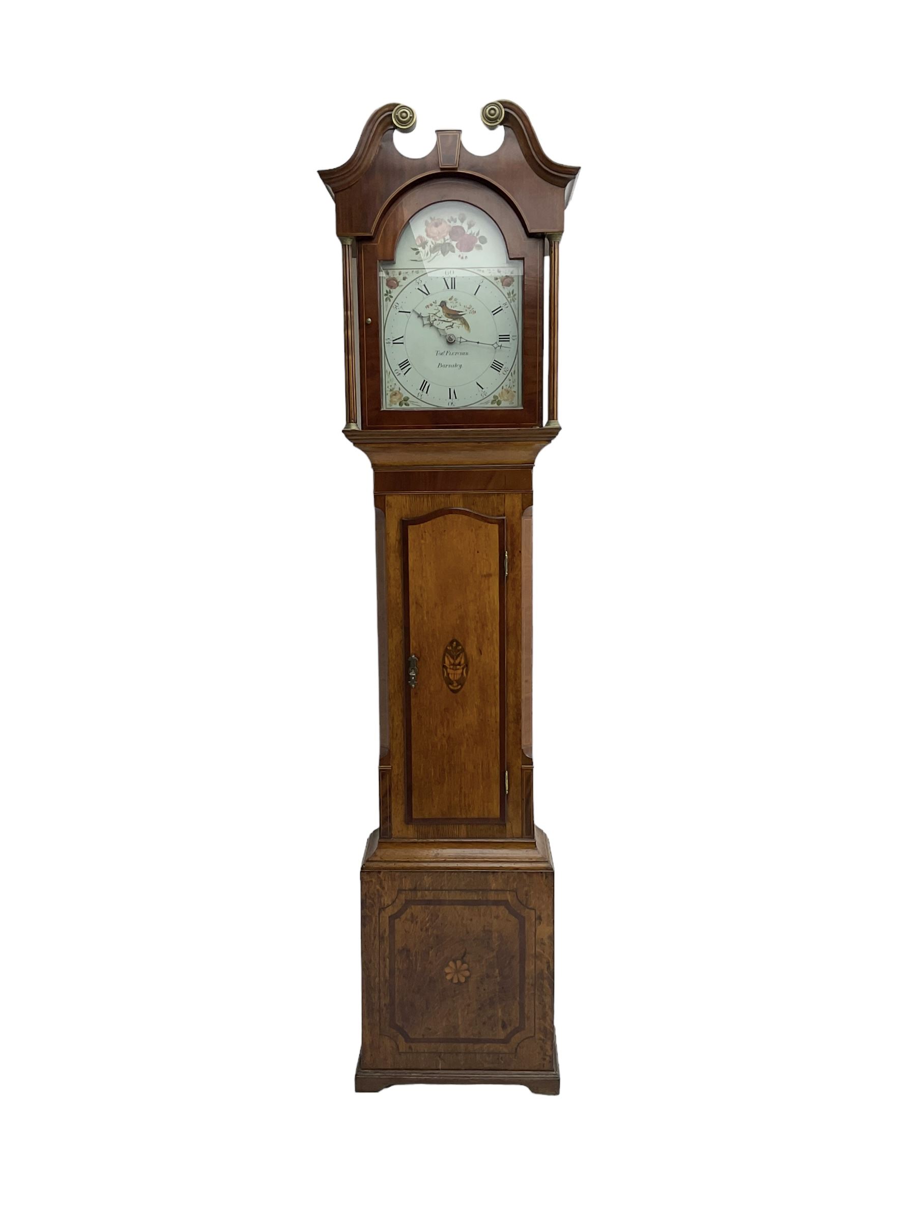 Tobias Fletcher of Barnsley -  late 18th century oak cased 30hr longcase clock with a swans neck pediment, brass paterie and finial, break arch dial flanked by reeded pilasters, trunk with a wavy topped door with inlay and crossbanding, conforming square plinth on decorative base, painted dial with flowers to the break arch and spandrels, Roman numerals, minute track, five minute Arabic's and matching steel hands, chain driven count wheel movement, with weight and pendulum.