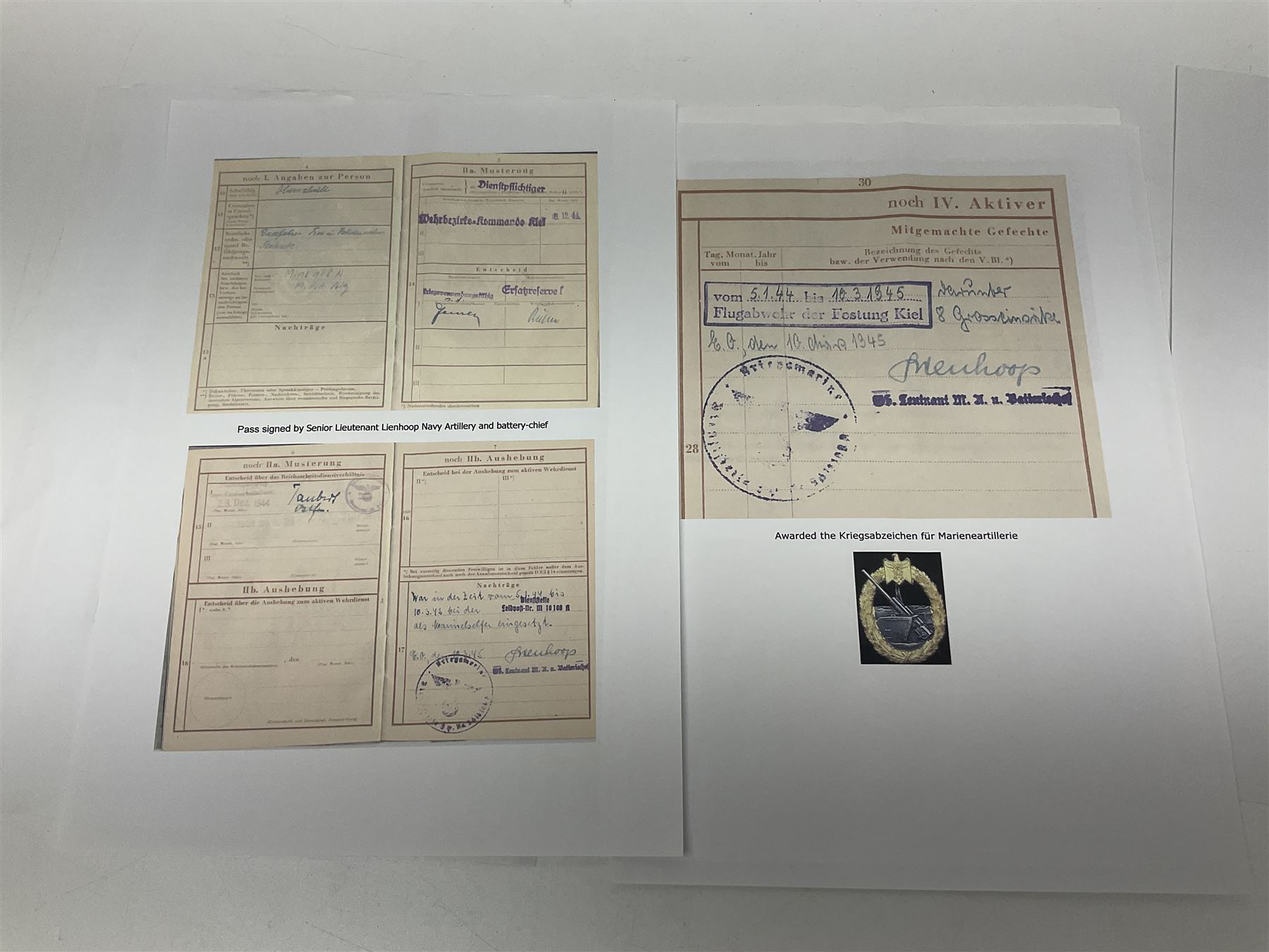 WW2 German Coastal Artillery Wehrpass for Marinehelfer Harald Ammann with small archive of modern research information.