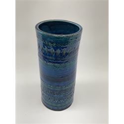Aldo Londi for Bitossi , an Italian Rimini Blu vase, of cylindrical form decorated with incised geometric bands, with painted marks beneath, H25.5cm. 