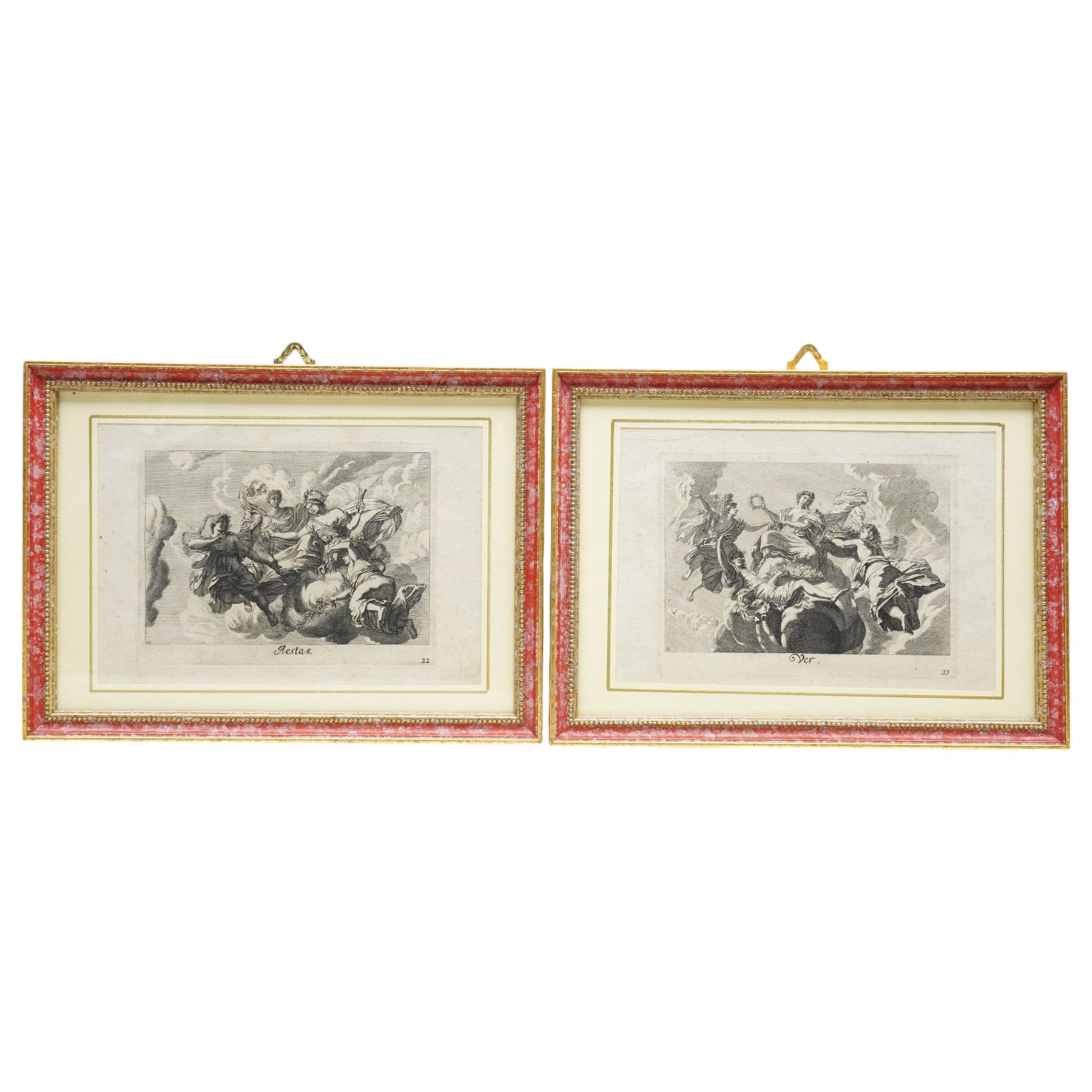 After Gerard de Lairesse (Dutch 1641-1711): The Four Seasons - Ver (Spring) - Aestas (Summer) - Autumnus (Autumn) - Hiems (Winter), set four 17th/18th century engravings pub. c.1700, 15cm x 22cm (4)