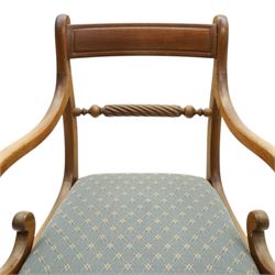 19th century mahogany extending dining table, rectangular top with rounded corners raised on turned and fluted supports with brass cups and castors, with two additional leaves; with set of eight (6+2) Regency design mahogany dining chairs, spiral-reeded back-bar over drop-in seats and sabre supports (W54cm H85cm)