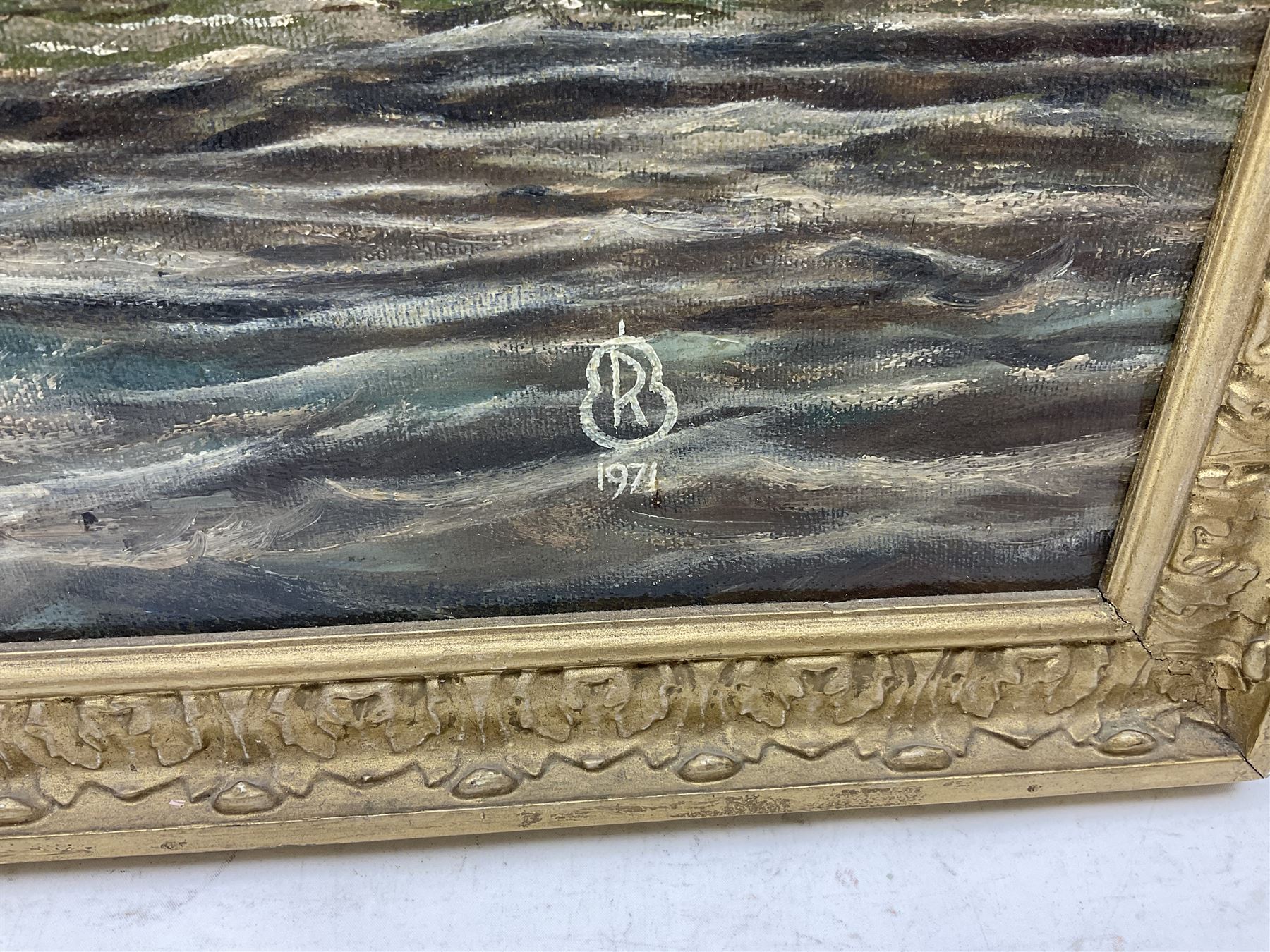 Richard Pearson (British 20th Century): Tattershall Castle Ferry on the Humber, oil on canvas signed with monogram dated 1971, 49cm x 88cm
