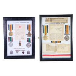 WWI framed medals, One framed set, medal duo war and victory medals, awarded to 79250 John...