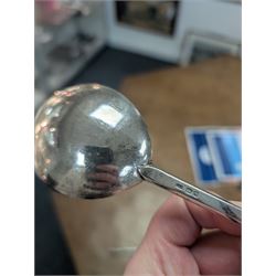 Pair of 17th century style seal top table spoons, with rounded fig shaped bowls and seal top finials, engraved ALC JEB 1649, with leopards head mark to centre top of bowl and modern hallmark on reverse for London Assay Office with no date mark