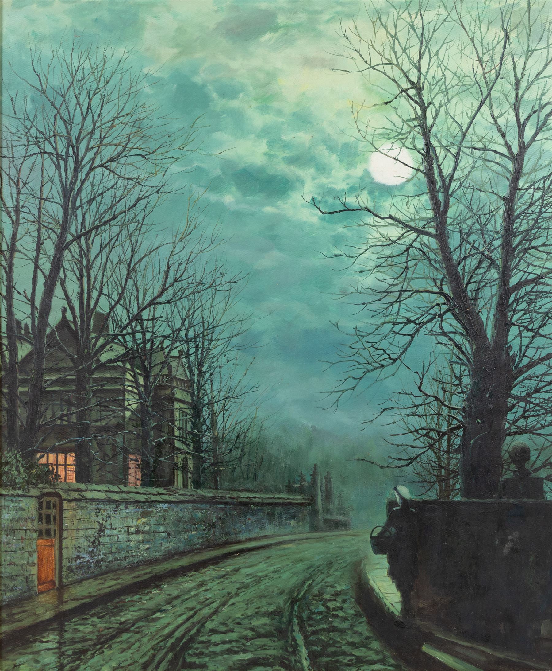 Manner of John Atkinson Grimshaw (British 1836-1893): Moonlight Winter Scene Headingly Lane Leeds, oil on board unsigned 60cm x 50cm