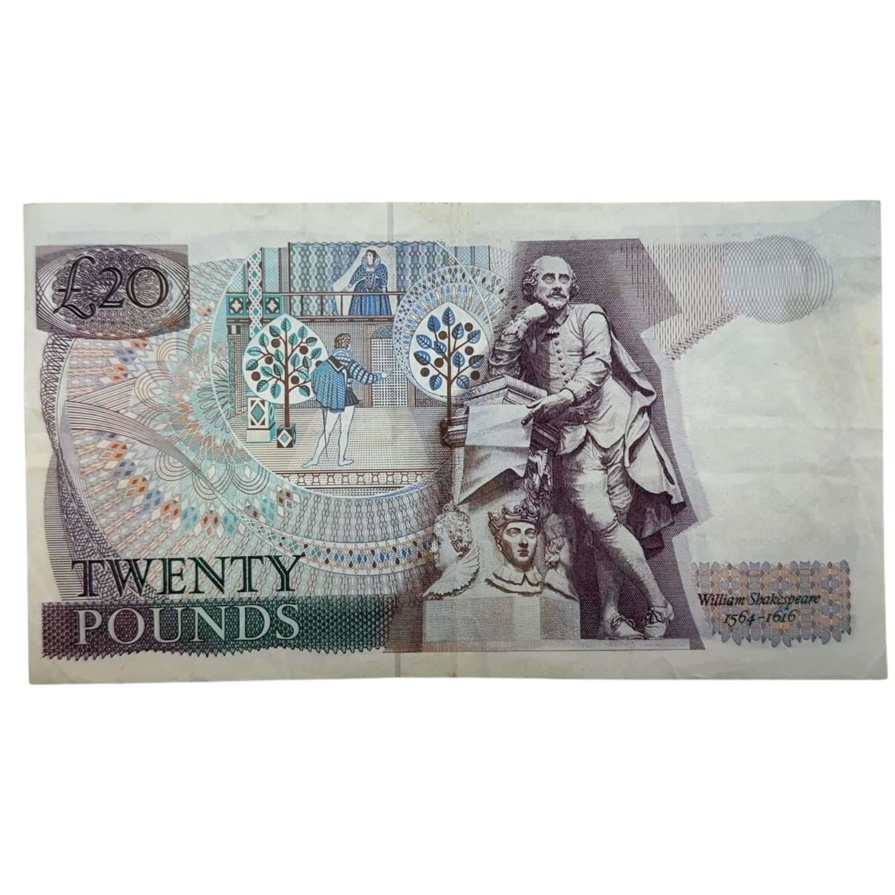 Error banknote - Bank of England Somerset 'William Shakespeare' twenty pounds note '62D' with printing error displaying '20 POUNDS' to the top left of the front of the note