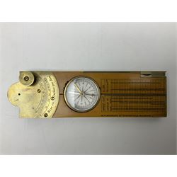 Late 19th/early 20th century boxwood and brass clinometer rule by Stanley, with inset magnetic compass, screw action protractor hinge divided to one degree with rise in inches per yard scale under, spirit level to one edge, marked 'W.F. Stanley Great Turnstile Holborn' with tables of distances, angles and thickness H16cm closed: in original leather covered case with instructions