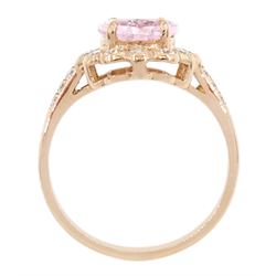 18ct rose gold oval cut morganite and milgrain set, round brilliant cut diamond cluster ring, with diamond set shoulders, stamped 750, morganite approx 2.30 carat, total diamond weight approx 0.65 carat