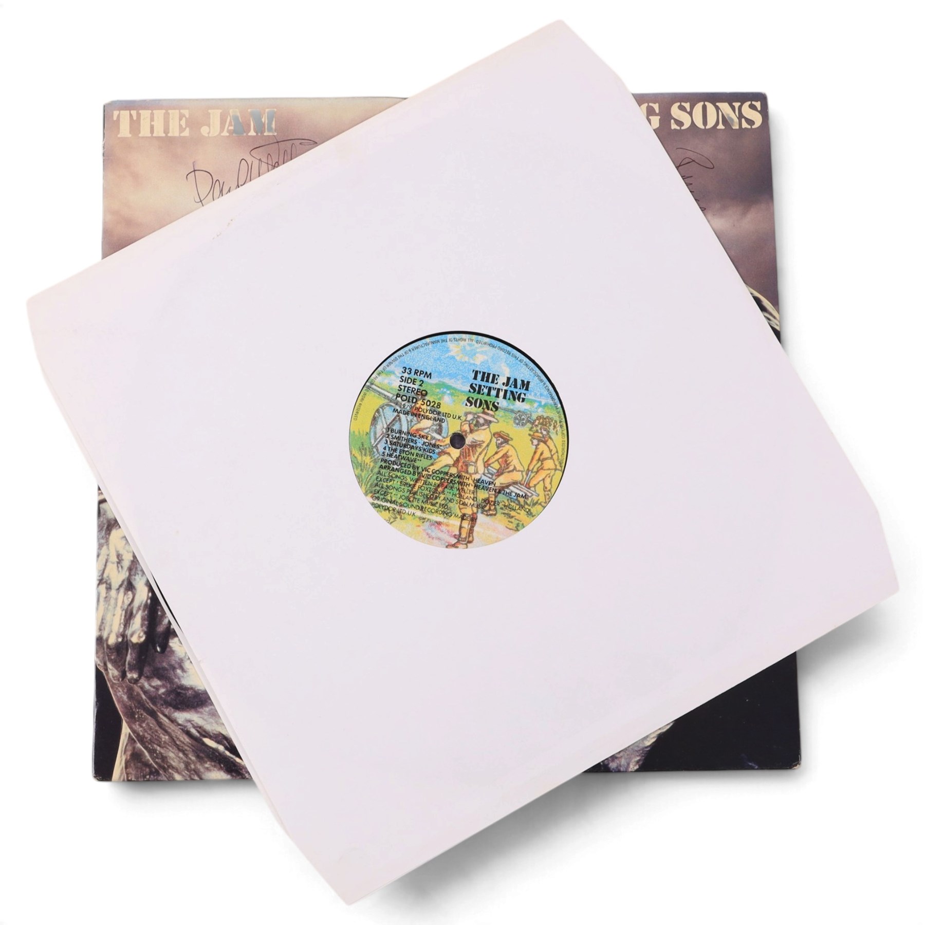 The Jam 'Setting Sons' vinyl record, signed to the front of the sleeve by Paul Weller, Bruce Foxton and Rick Buckler
