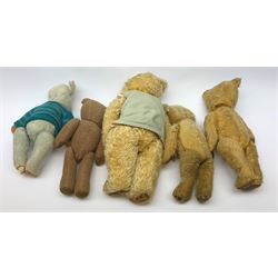 Four 1950s English teddy bears including wood wool filled Chiltern bear with swivel jointed head, glass type eyes and vertically stitched nose and mouth and jointed limbs with rexine paw pads H15