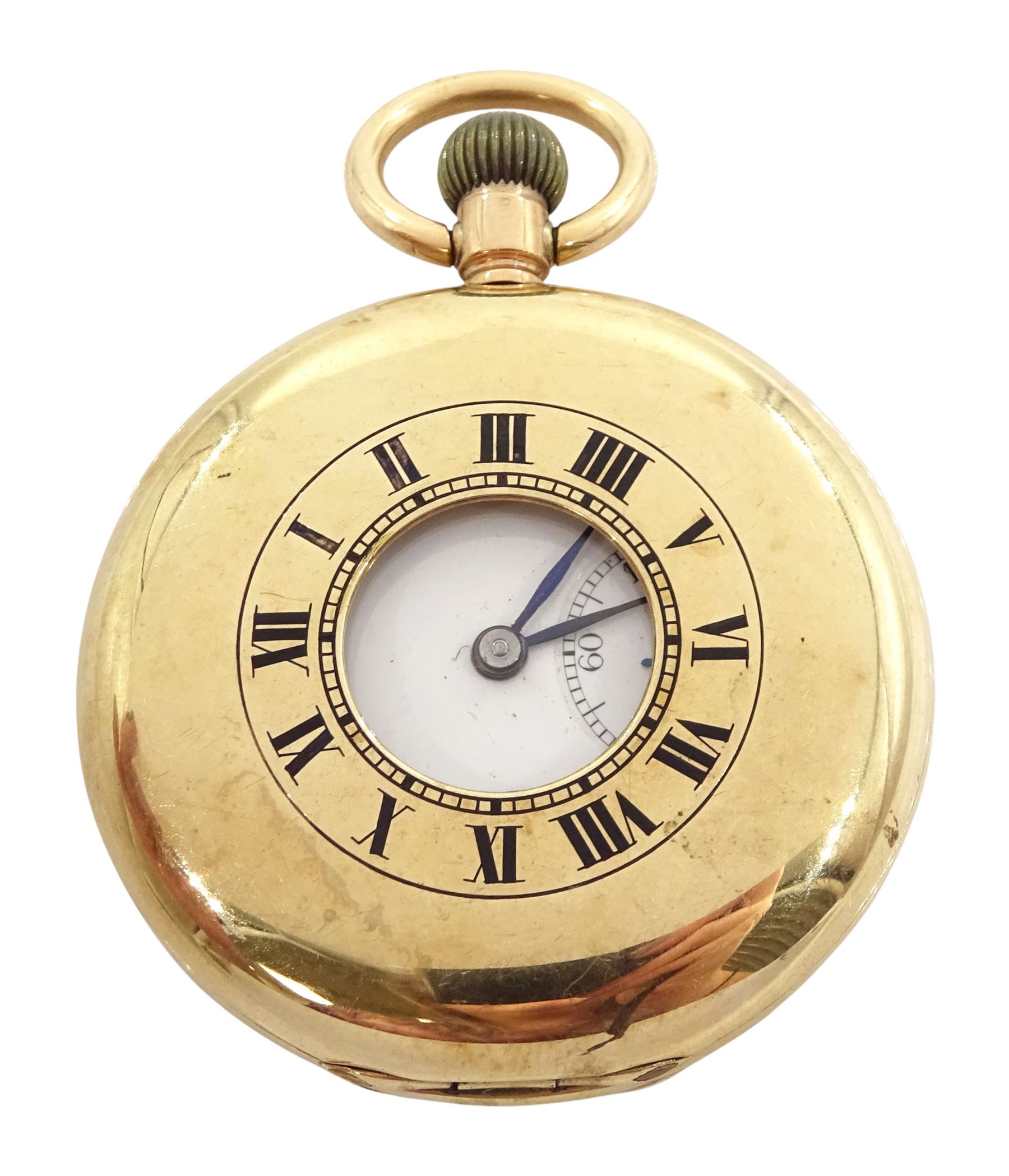 Early 20th century 9ct gold half hunter keyless lever pocket watch, No. 590035, white enamel dial with Roman numeral hour markers and subsidiary seconds dial, the inner dust cover with engraved flower basket decoration, case with London import marks 1916